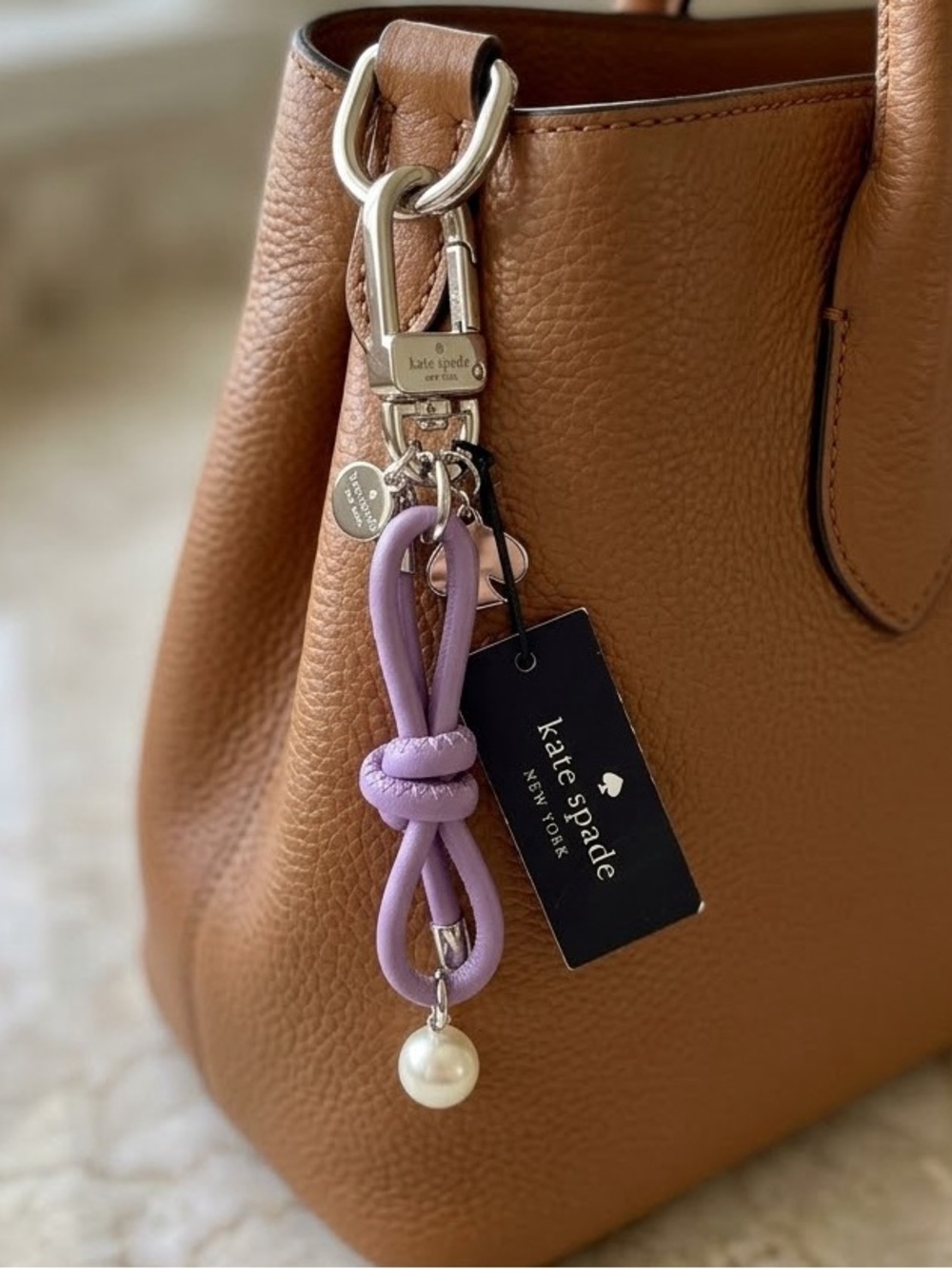 kate spade lavender leather knot key & pearl bag charm or keychain
